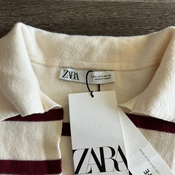 NWT Zara Oversized Striped Knit Polo Sweater Ecru Red Size Small Collared Top - Picture 12 of 16